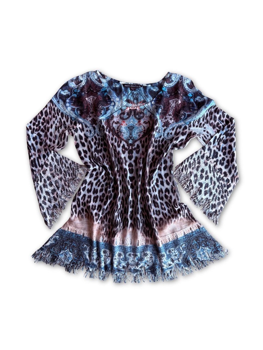 Vintage Leopard & Paisley Print Women's Boho Blouse - Blue, Brown